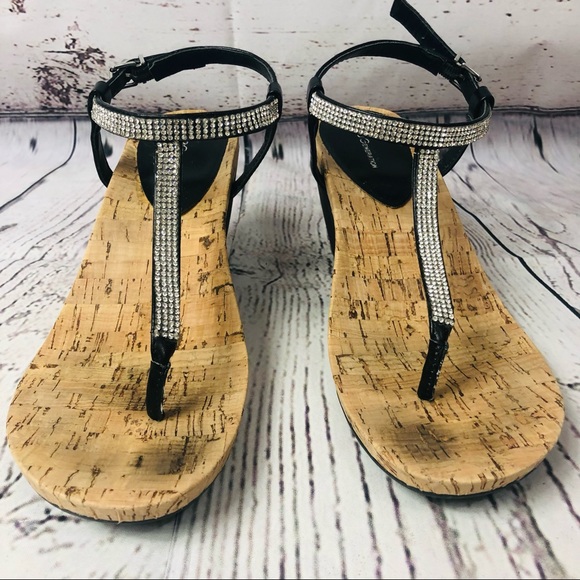 BCBGeneration Crystal T-Strap Buckle Wedge Sandals Maybel Shoes Black Cork 7.5 - Picture 2 of 9